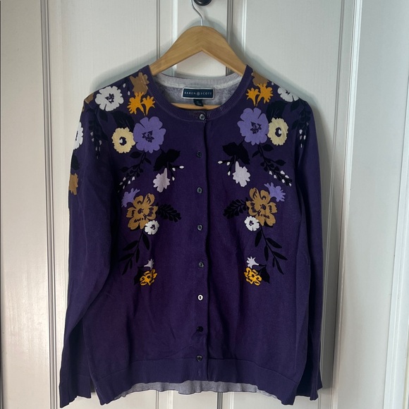 Karen Scott Purple Floral Cardigan - Picture 2 of 6